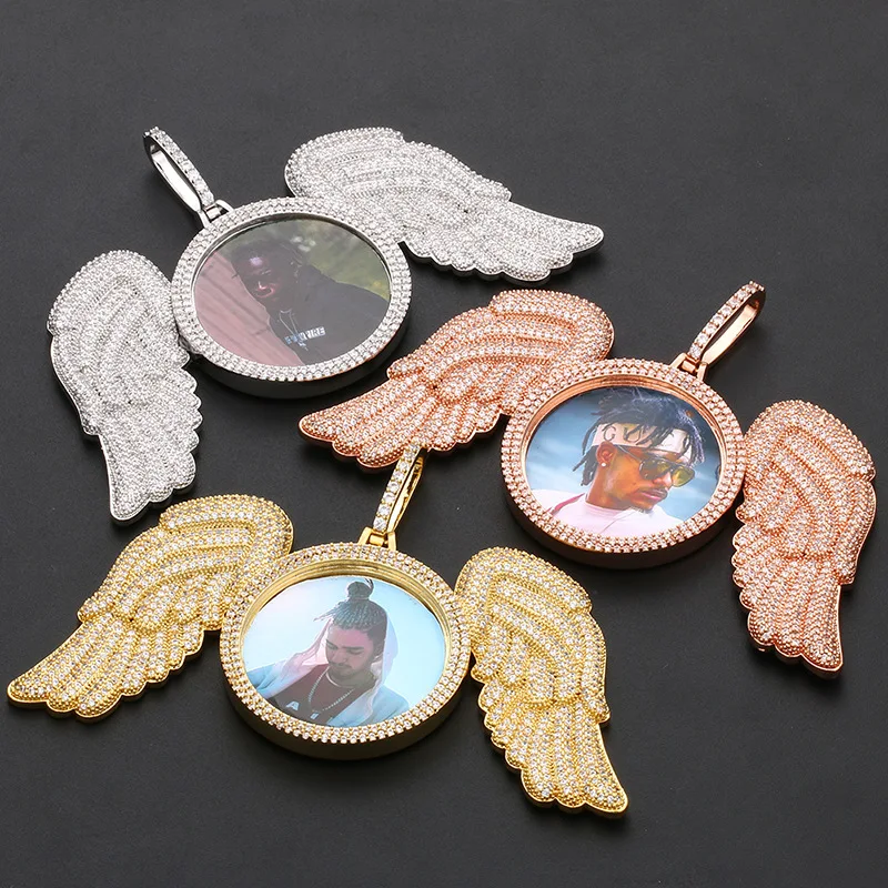 

New Rose Gold Custom Made Photo Angel Wing Medallions Pendant Necklace With AAA Cubic Zircon Men's Hip hop Jewelry Tennis Chain