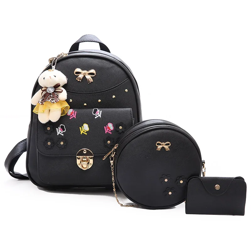 

Hot selling korea styles small bear 3 pcs pu leather Bow women backpack school bag set with lock, Black white pink