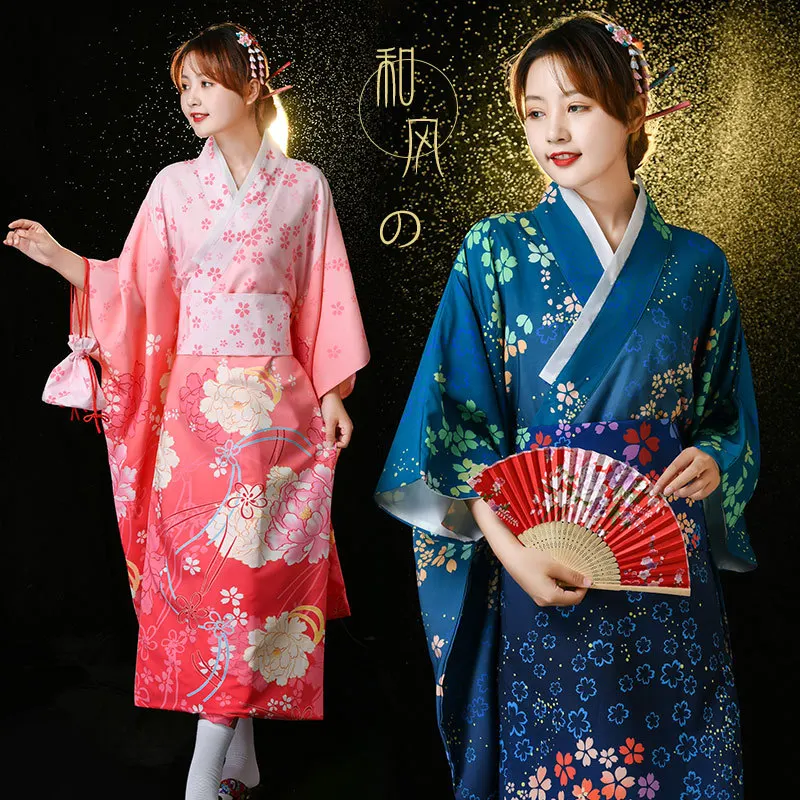 Wholesale Traditional Japanese Style Geisha Kimono Loose Satin Yukata Dress for Women Thin Cardigan Anime Costumes