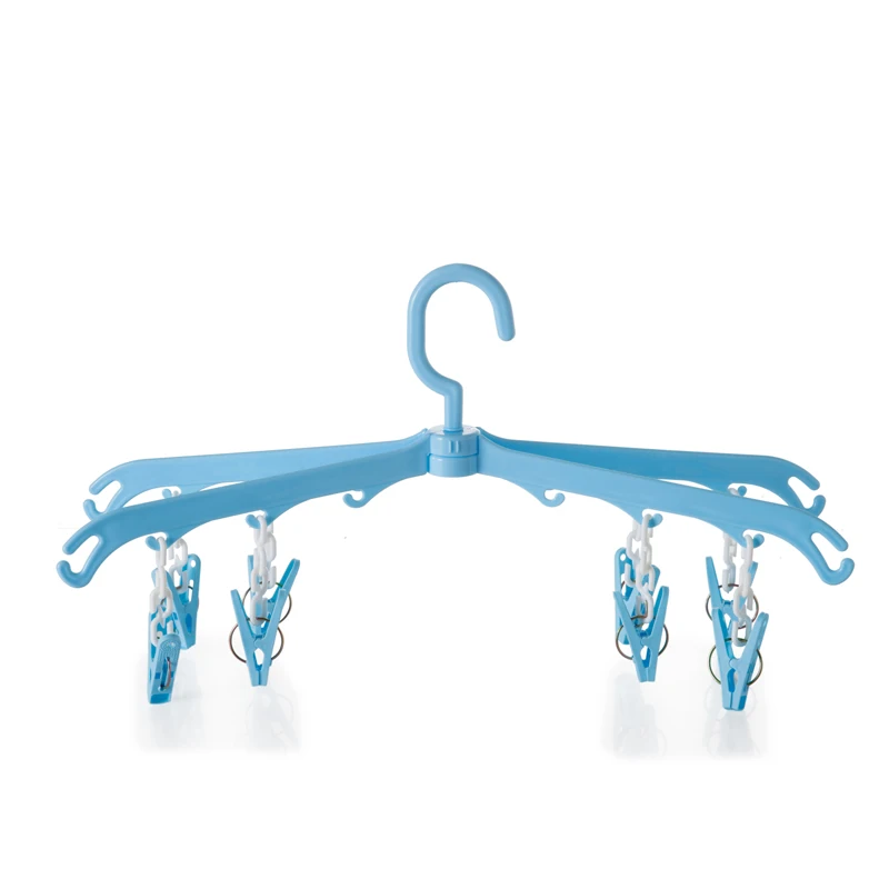 

Combination Plastic Clothes Hanger With Hooks And Multi Clips, Blue, green and pink