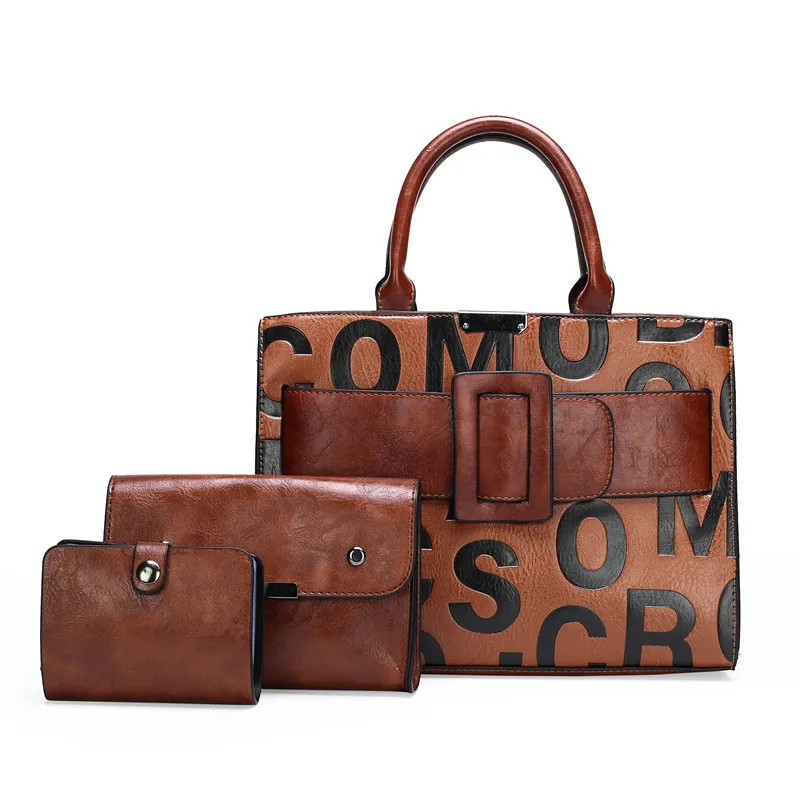 

Wholesale Letter Printed Design Big Size Handbags 3 pcs Pu Leather Tote Bag for Women, 2 color