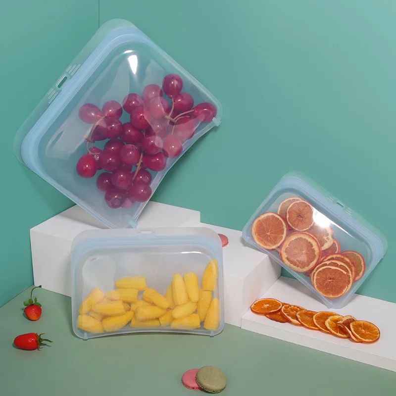 

100% Food Grade Reusable Silicone Food Storage Bag Set, Clear/blue/pink/grey