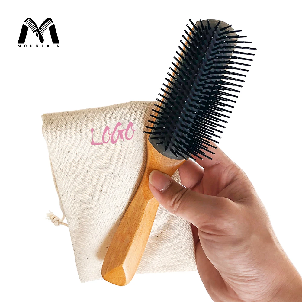 

New Arrivals 2020 Custom Logo Eco-friendly 9 Row Massage Denman Hair Cushion Detangling Hair Brush, Natural