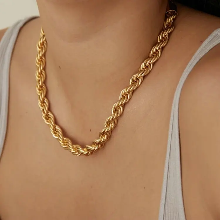 

2021 Hot Sale Twisted Rope Chain Gold Plated Necklace Stainless Steel Stackable Thick Necklace for Women, Golden