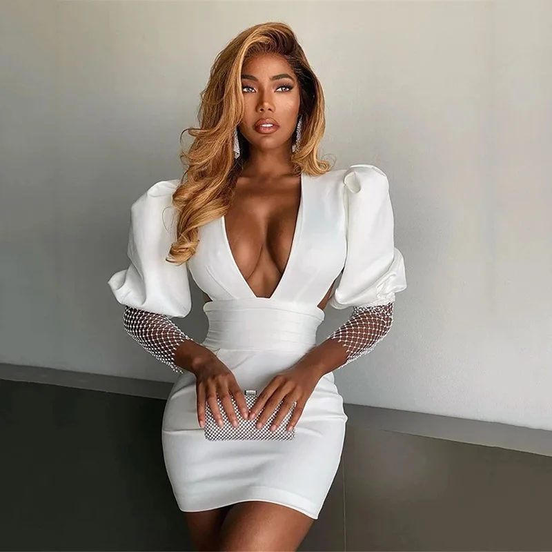 

White sexy dress Party dress backless V neck solid color skirts Rhinestone club balloon sleeve silk satin dresses for party