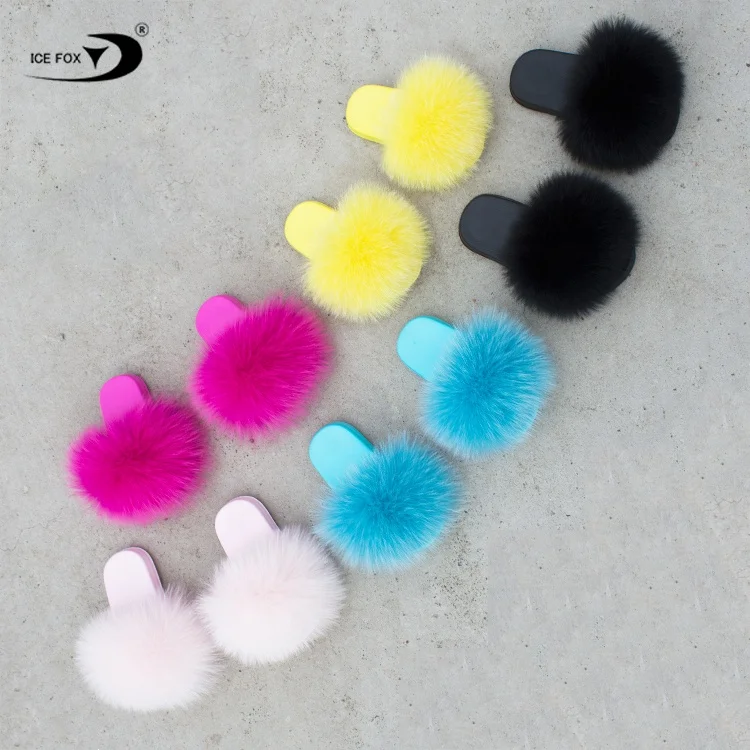 

Low Wholesale Price Customized Color Soft Sole Fur Slides Vendor Girls Real Fox Kids Girls Fur Slipper