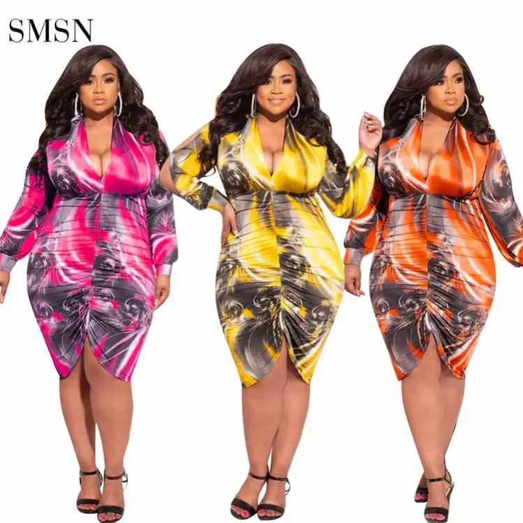 

SMSN QUEENMOEN Fashionable Tie Dye Open Sleeve V-Neck Dress Ruched Pleat Plus Size Women Autumn Midi Dress