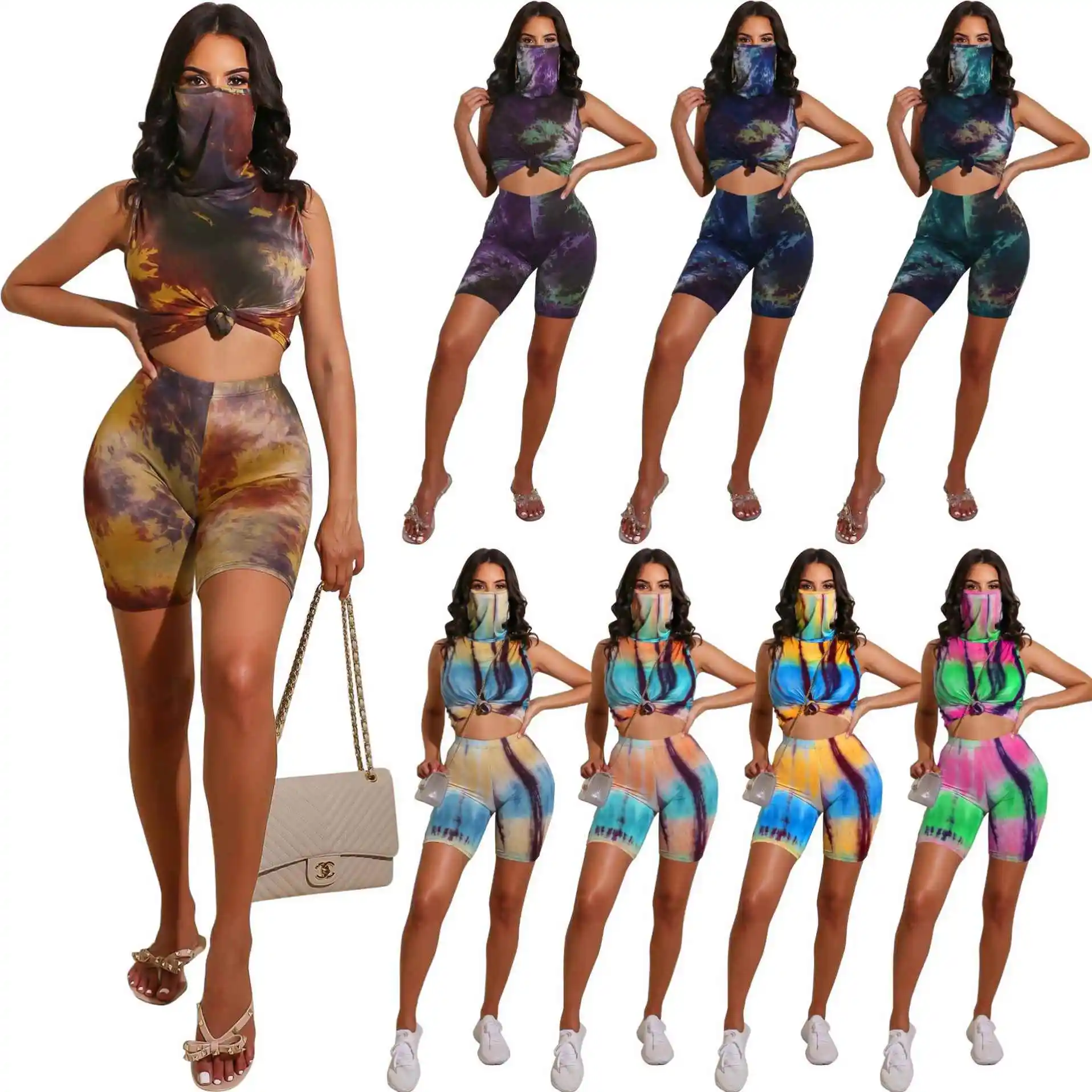 

Hot Sale Sportswear Camouflage Three-piece set of recreational sports mask summer 2 piece set, As picture or customized make