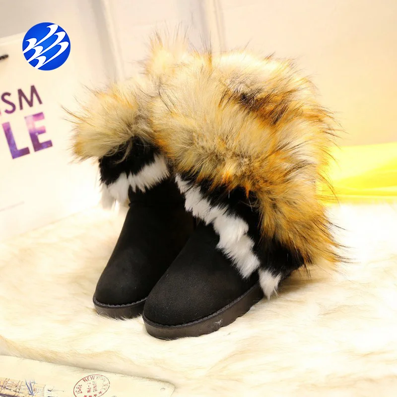 

Women's Mid Calf Boots Snow Boot Faux Fox Fur Furry Cotton Shoes, Yellow , green , black