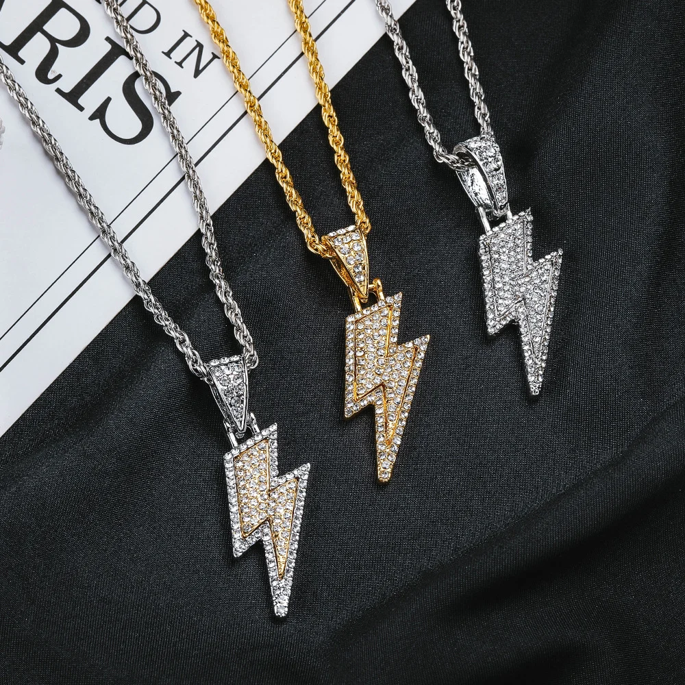 

Hot Selling Hip Hop Necklace Iced Out Full Diamond Vintage Necklace Punk Gold Lightning Shape Pendant Necklace