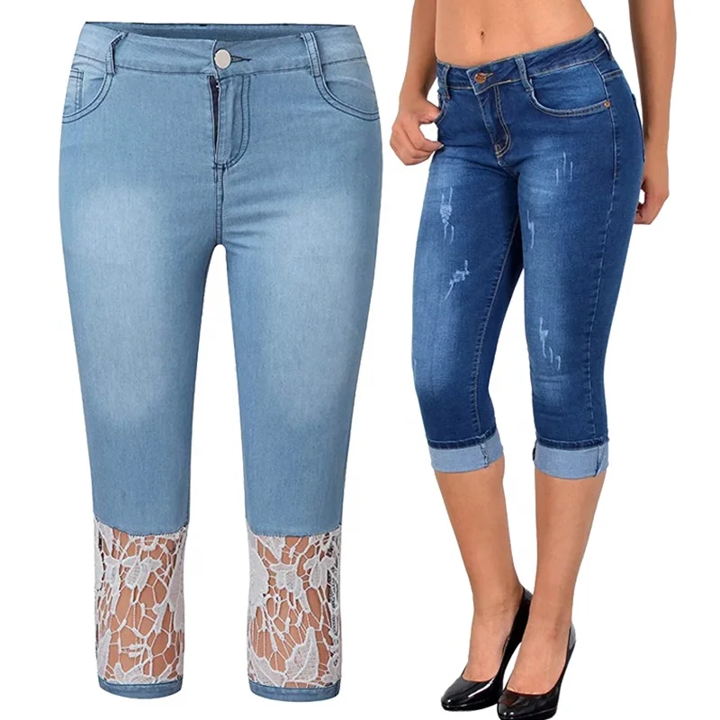 Womens Ripped Jeans Skinny Cropped Pants Three Quarters Clothing Lace Trim Capri Trousers Denim Jeans Plus Size Leggings