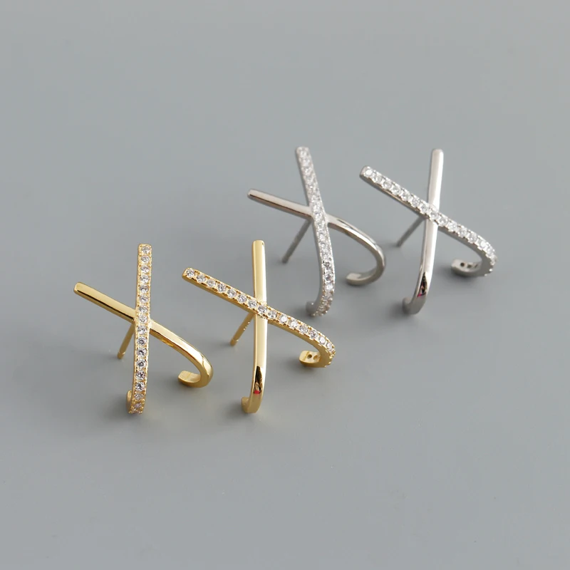 2021  925 Sterling Silver Vintage Chunky Punk Cz Diamond Cross Stud Earring for Women 18k Gold Plated