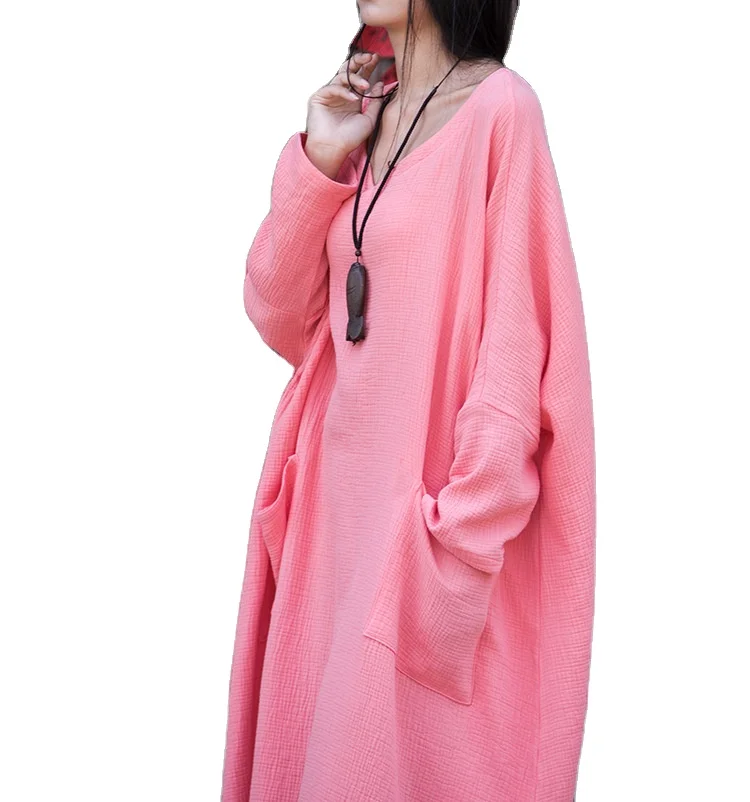 

Good Quality Autumn Cotton Linen Blended Women'S Casual Style Double Layer Long Sleeve Loose Cotton Crepe