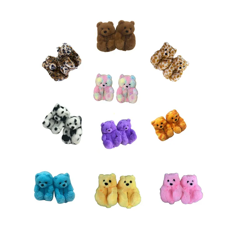 

2021 Fluffy Wholesale Plush New Style House Kids Teddy Bear Slippers Shoes
