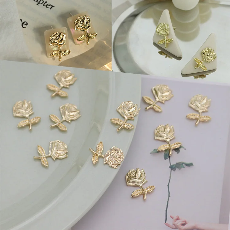 

Elegant Flatback Alloy Flower Rose Charms Earring Findings Jewelry Making Supplies Gold Color DIY Brass Phone Case Charms