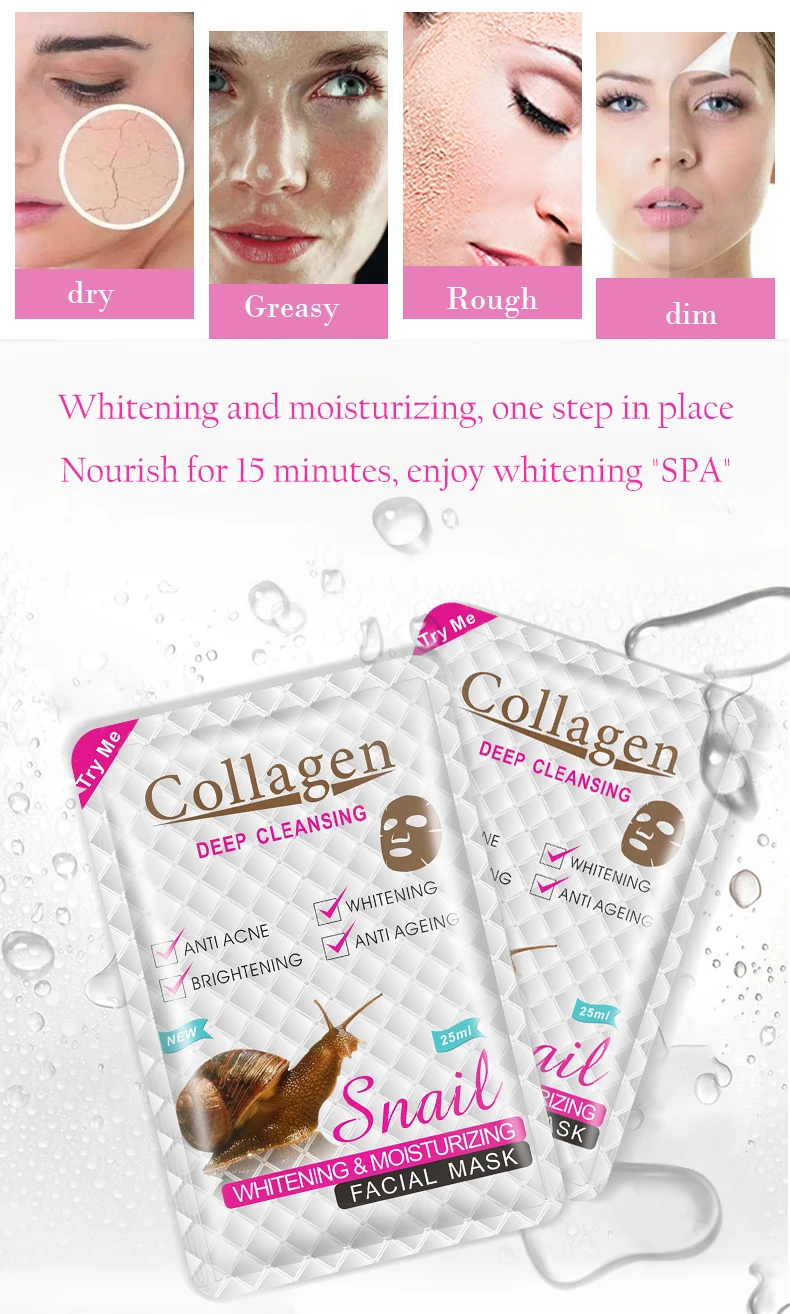 Organic Facial Whitening Face Mask with Female Snail Collagen Sheet Unisex Skin Care Containing Mineral and Shea Butter