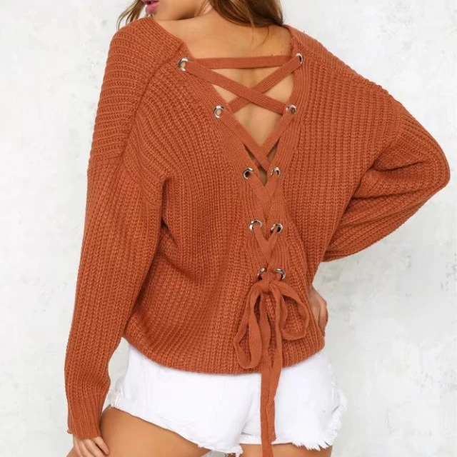 

wholesale Loose cross straps drawstring openwork bandage knitwear sweater women V-neck short solid blouses