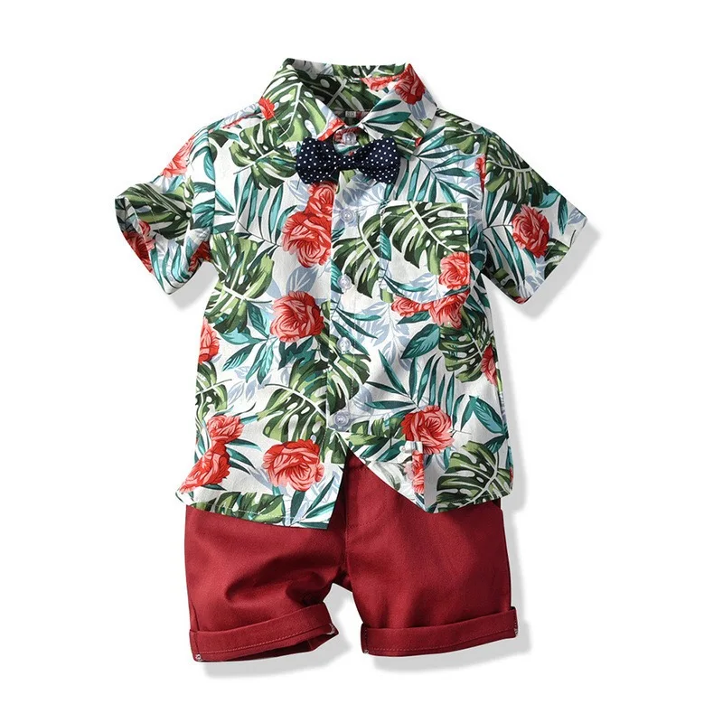 

New style baby boys fancy flower print shirts with solid short pants set, Picture shows