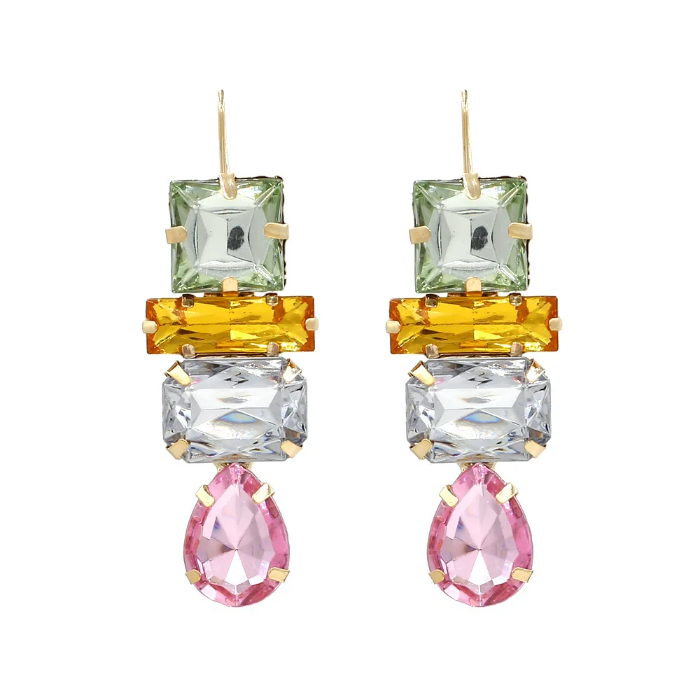 

JUHU Explosive stitching geometric colored gemstone earrings exaggerated diamond ear hook alloy jewelry wholesale, Colorful