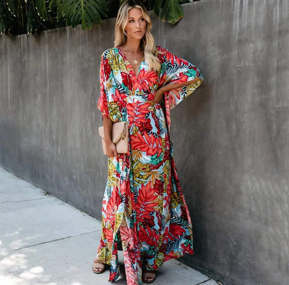 

wholesale maxi swimwear bikini cover up beach swimsuit bohemia floral print evening party beach dress, Customized color