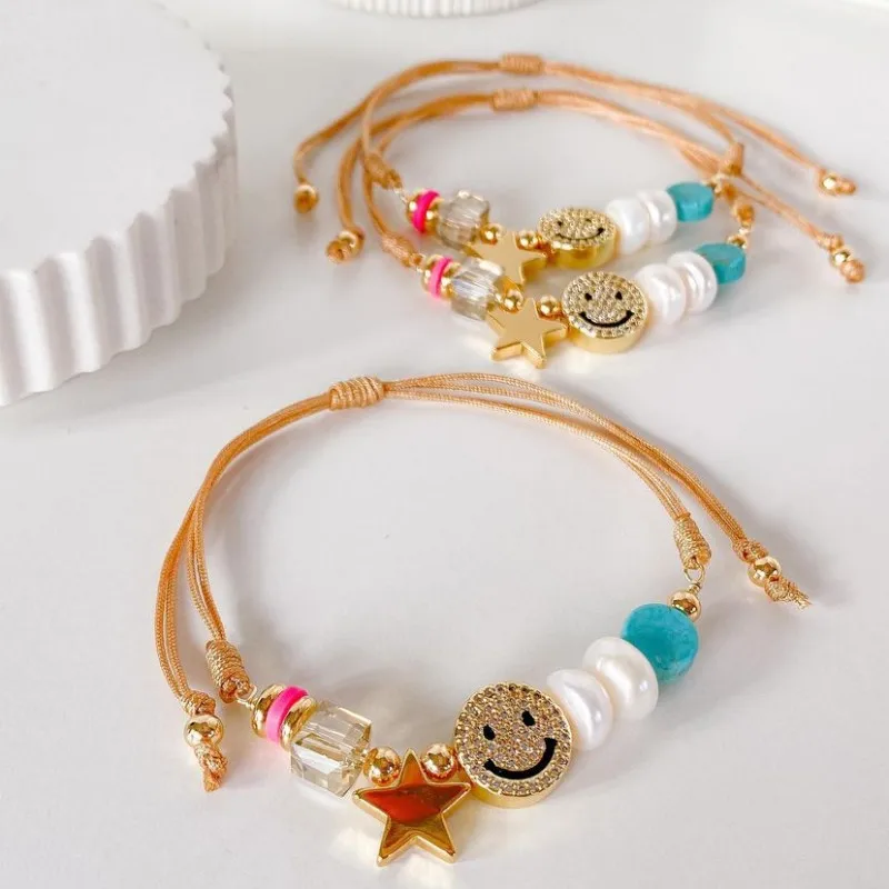 KKBEAD natural pearl turquoise Star Charms Bracelet Cubic Zirconia Smiley Face Bracelet