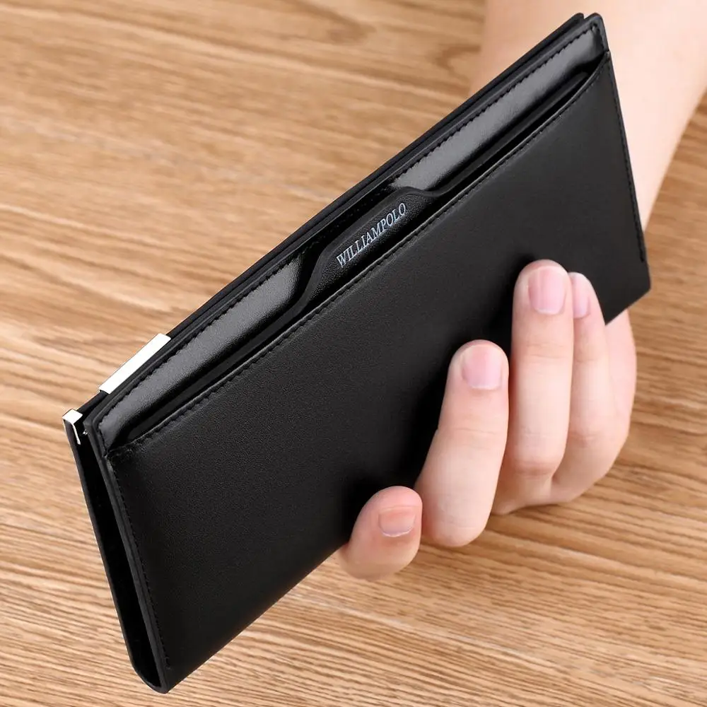 

WILLIAMPOLO Brand Wallet Men Genuine Leather Bifold Long Wallets Ultra Slim Purse Card Slots Cash Pocket Removable Card Holder