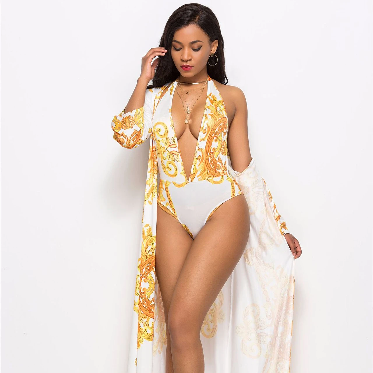 

China Supplier Women Wholesale Sexy Printed Cloak Bikini Split Suit Vocation Style Swimsuits