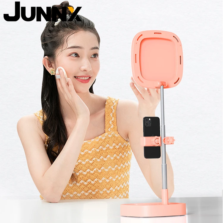 

JUNNX Beauty Make Up Portable LED Selfie Table Stand Ringlight Fill Lamp Phone Live Streaming Ring Light with Mirror and Tripod, Black/ white/ pink