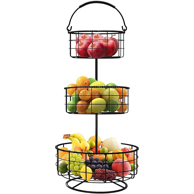 

black modern folding collapsible metal wire steel counter top floor stand 3 tier stand fruit Vegetable basket 3 tier holder, Customized color