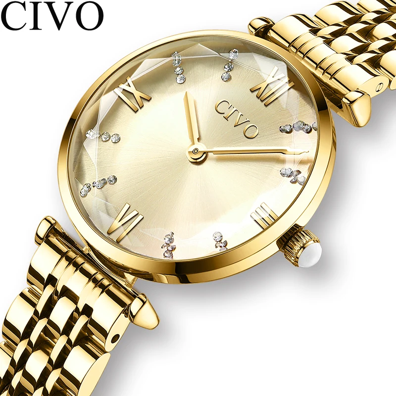 

Civo Luxury Crystal Women Dress Watch Fashion Gold Quartz Watches Female Stainless Steel Ladies Wristwatches