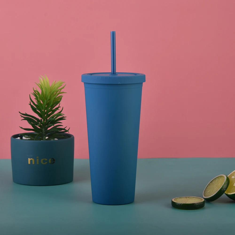 

Blue Color Acrylic Reusable Double Wall custom plastic water bottle with straw lid sublimation blank tumblers, Customized