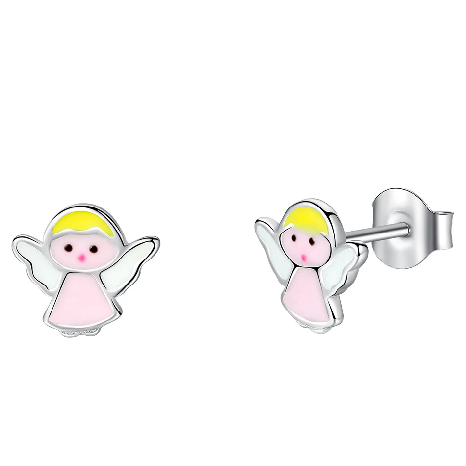 

925 Sterling Silver Earrings Pink Enamel Angel Small Stud Earrings For Children Jewelry Girls Baby Family Party Gift
