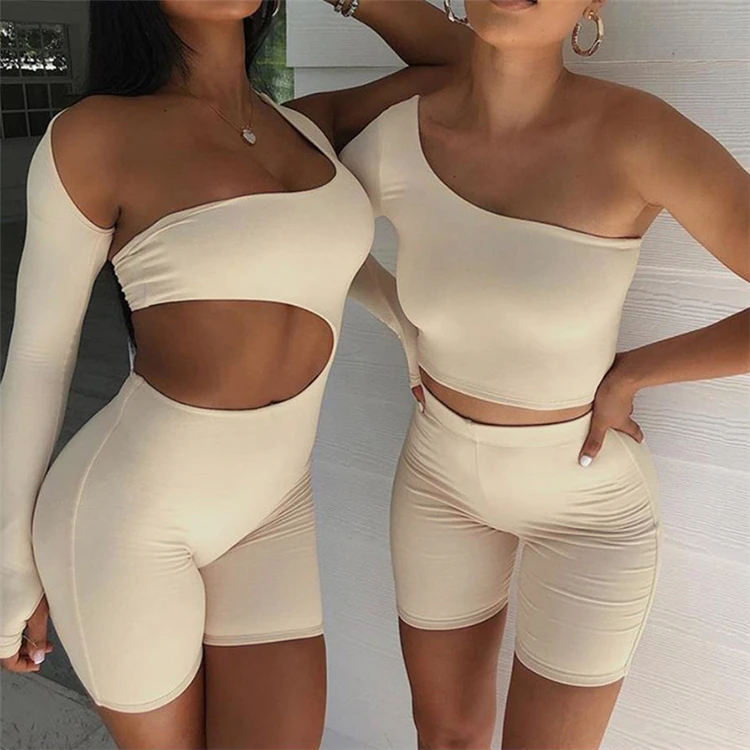 

One Shoulder Crop Tops Elastic Shorts 2 Piece Sweat Suit Set Outfits Women Two Pieces Sets, 3 colors
