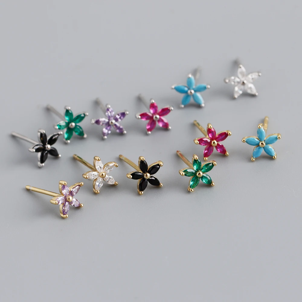 

Fashion 925 Sterling Silver minimalist cute pink black flower cz diamond stud earrings jewelry for women