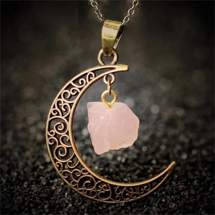 

Hot Selling Jewelry Natural Stone Crystal Necklace Retro Sweater Quartz Crystal Necklace Travel Amethyst Moon Necklace, Picture shows