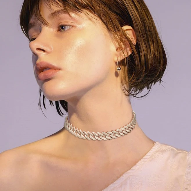 

12 MM Women's Choker 18k Gold Plated Iced Out Cuban Chain Necklace Diamond Jewelry Cuban Link Chain, Gold/silver/rose gold