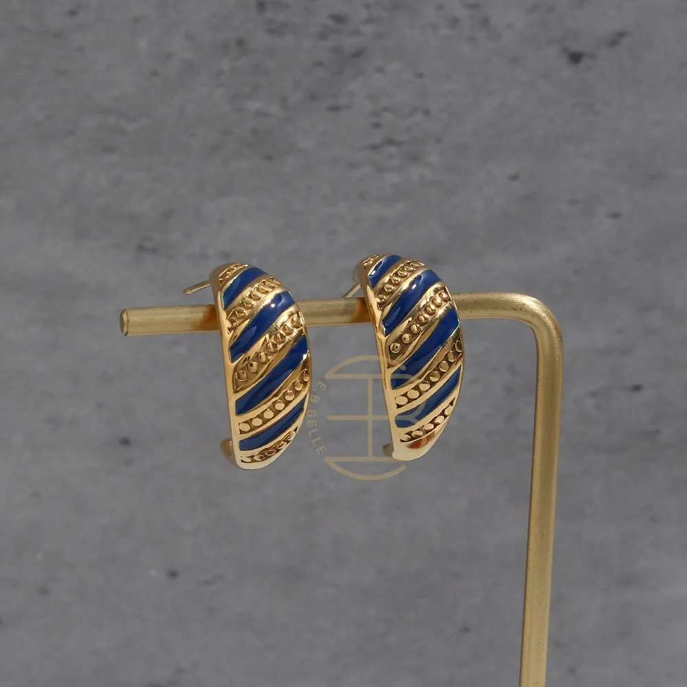 

Retro 18K Gold Croissant Earrings PVD Stainless Steel Blue Enamel Earrings