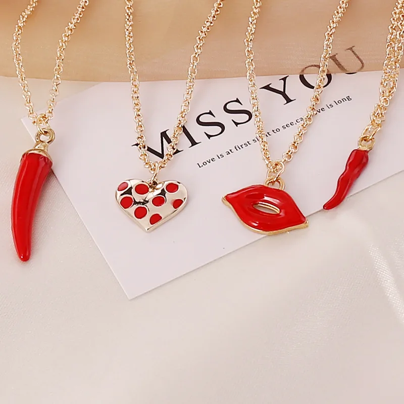 

Wholesale New Fashion Chili Heart Necklace Women Alloy Lip Necklace Gold Brass Red Month Chili Link Choker Necklace