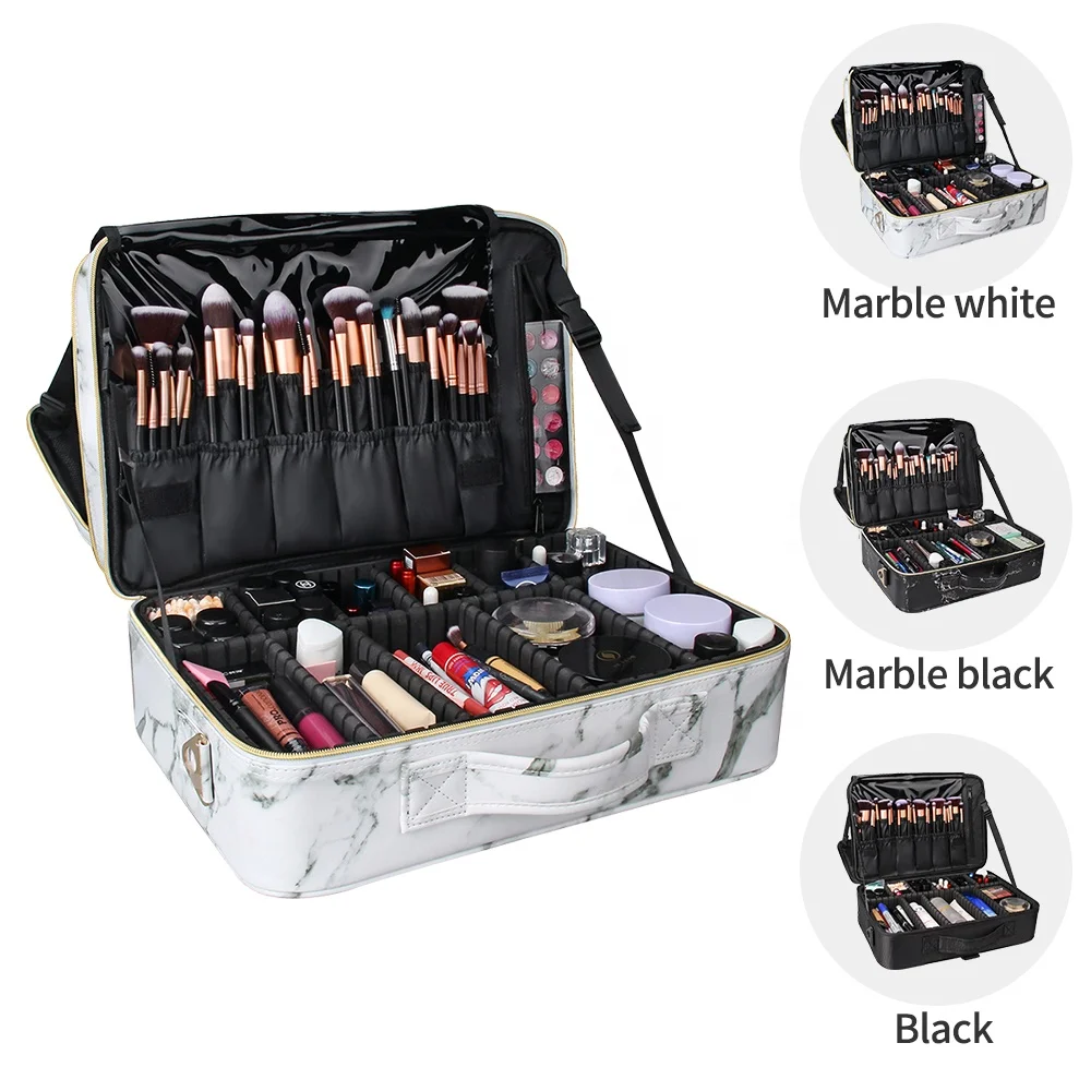 

Dropshipping Relavel Professional 3 Layers Large PU Train Case Brush Organizer Storage Travel Cosmetic Bag Makeup Case, Marble white