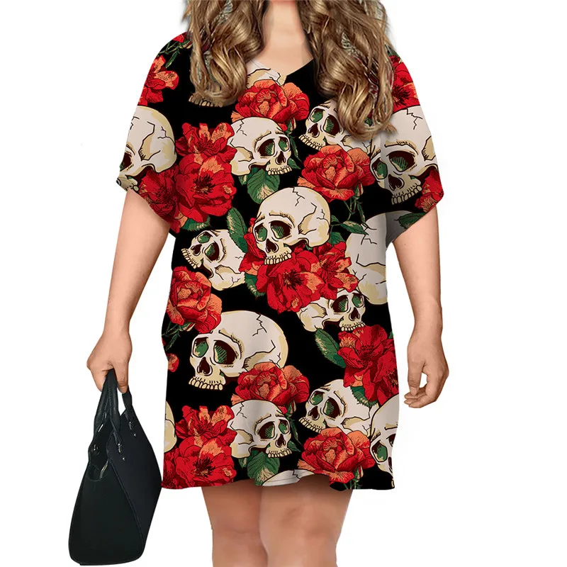 

Floral Sugar Skull Print Summer Mini Dresses for Women Simple Batwing Sleeve Short Dress  Loose Fat Women Night Dress