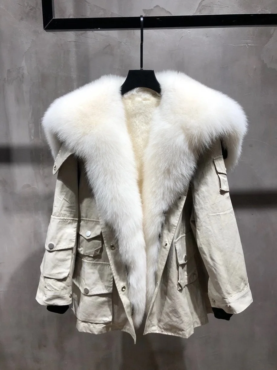 

OFTBUY 2021 Real Fur Coat Winter Jacket Women Natural Fox Fur Collar Rabbit Fur Liner Thick Warm Outerwear Streetwear Removable