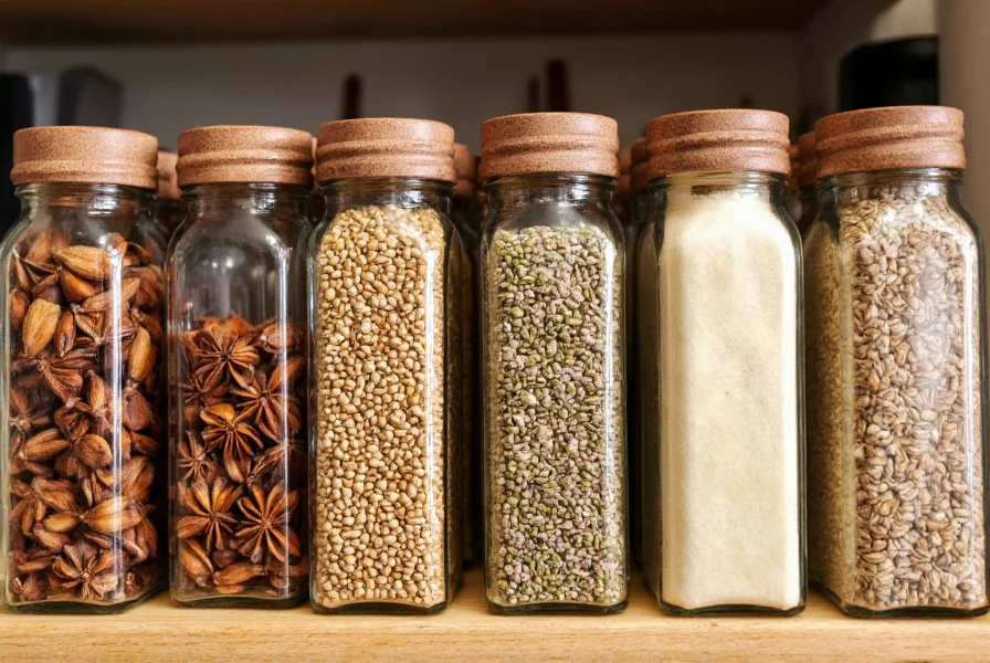 Spice jars containing anise seeds, star anise, fennel seeds, and caraway seeds arranged on kitchen shelf