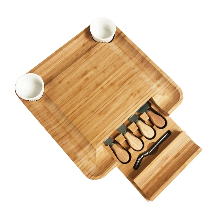 

Wholesale cheese board plate and knife set bamboo cheese platter with cheese tools, Natural bamboo color