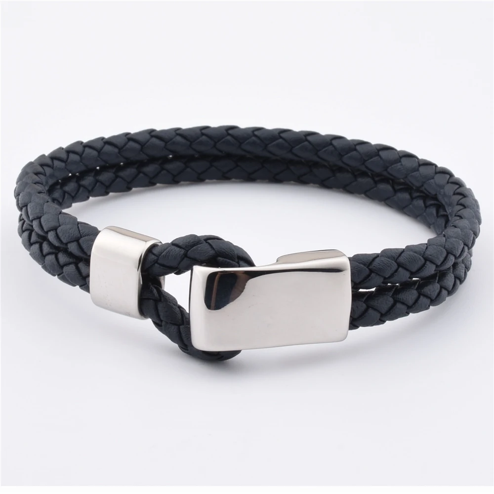 

Brand New High Quality Leather Steel Clasp Mens Cuff Wristbands Cord Bracelet