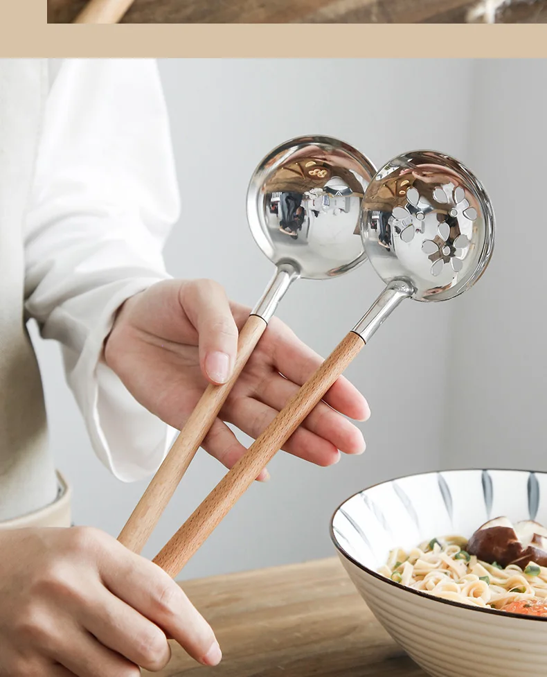 Korean Cooking utensils Wooden Handle Stainless Steel Soup Spoon and