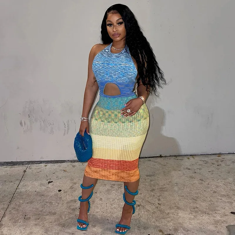 

Wholesale ins style 2022 women halter gradient club bodycon skinny hollow out elegant maxi dresses