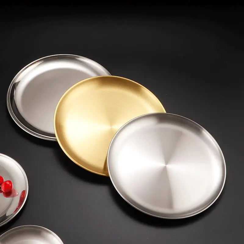 

Western Steak Round Tray Eco-Friendly Stainless Steel Dinner Plates Gold Dishes Round Plate Tableware Tray, Silver,gold