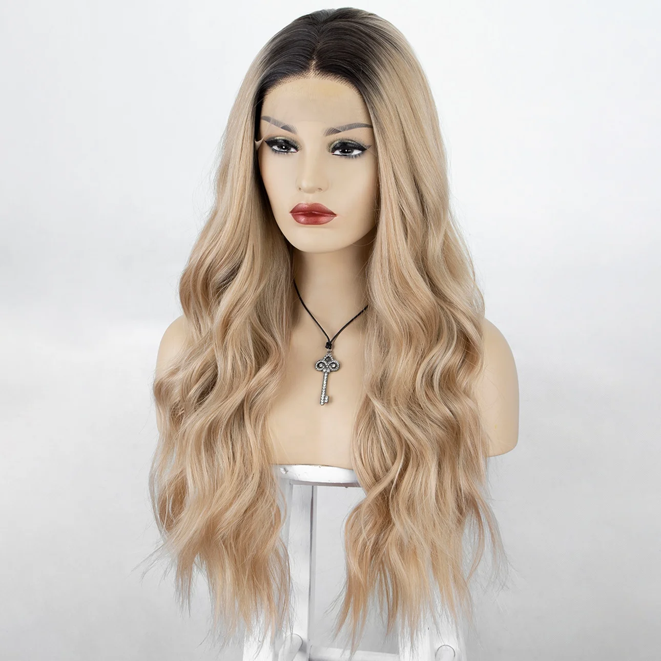 

Aliblisswig 24" Long Wavy Middle Parting Synthetic Lace Front Wig Glueless Dark Root Ombre Blonde Lace Front Synthetic Hair Wigs, 2 tone blonde ombre lace front wigs