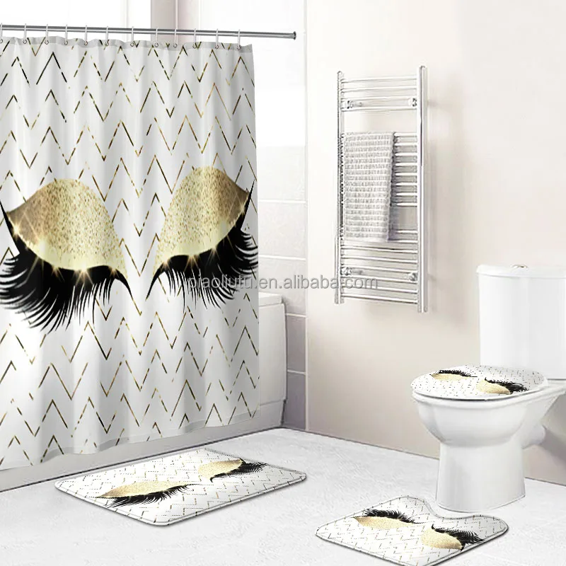 

Drop Shipping Women Eyelash Custom Printed Shower Curtain Waterproof Fabric Shower Curtain 4PCS Bathroom Accessories Set, Custom colors