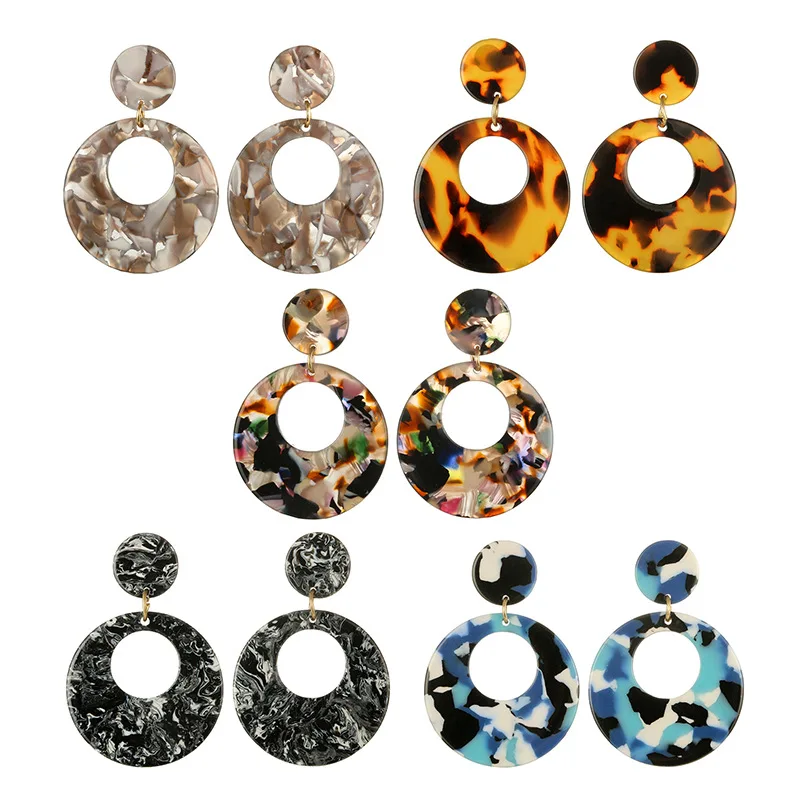 

5 Colors Geometric Leopard Print Tortoiseshell Acetate Round Hoop Earrings Statement Big Round Acrylic Resin Dangle Earrings